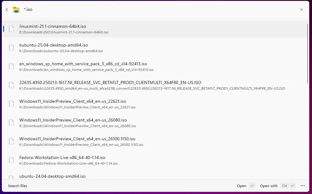 Ví dụ tìm kiếm file ISO bằng Command Palette của PowerToys, minh họa khả năng lọc kết quả tìm kiếm file
