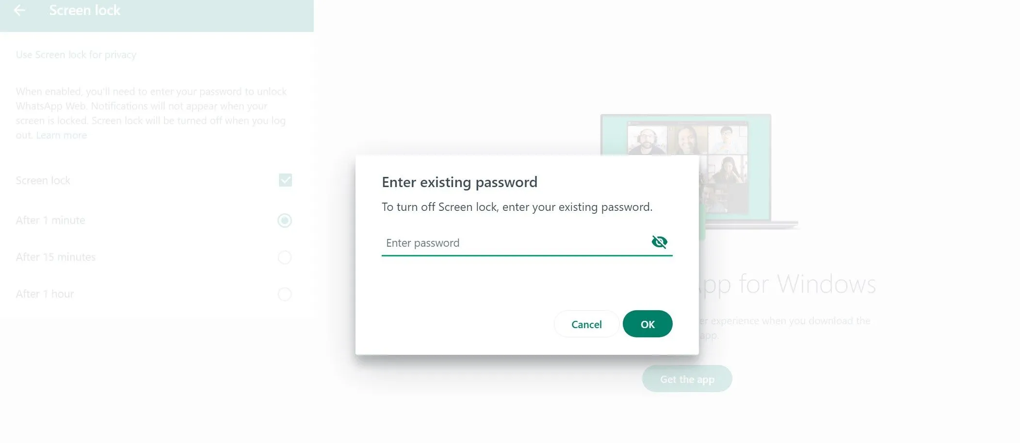 Vô hiệu hóa tính năng khóa màn hình trên WhatsApp Web bằng cách bỏ chọn tùy chọn và nhập mật khẩu hiện tại.