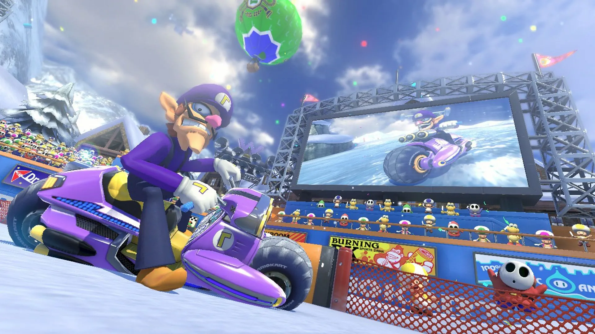 Waluigi đang hoàn thành cuộc đua đầy kịch tính tại đỉnh núi Wario trong Mario Kart 8 Deluxe.