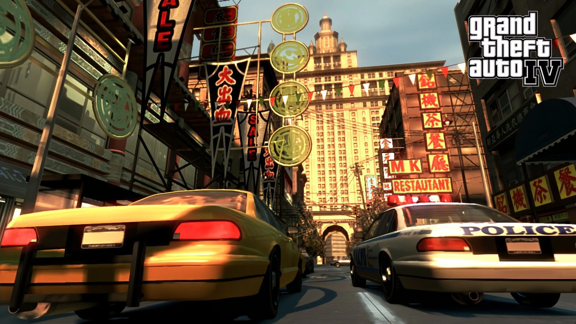 Xe taxi và xe cảnh sát trong giao thông tại Liberty City của Grand Theft Auto IV, tượng trưng cho tiềm năng làm lại một trong những tựa game được yêu thích nhất của Rockstar